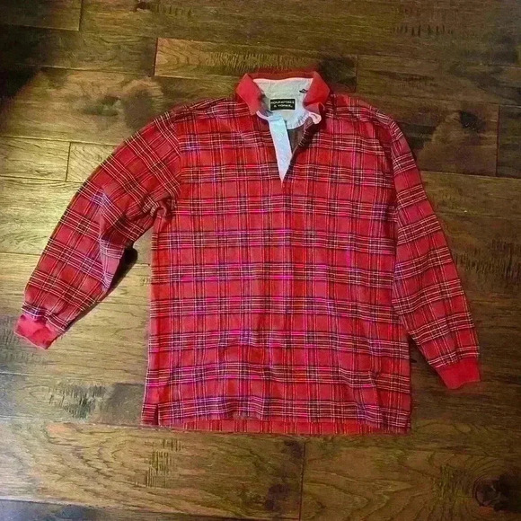 Roundtree & Yorke Men’s L Plaid Long Sleeve Polo Christmas Preppy Holiday Red - Picture 1 of 16